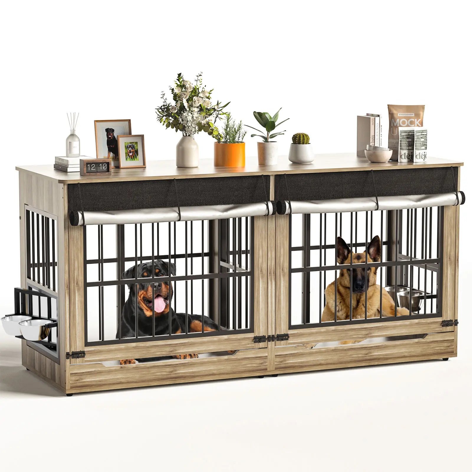 [2 Carton]78" Heavy Duty Indestructible Extra Large Dog Crate with Divider – Double Door Indoor Wooden Kennel, Removable Divider & 360° Swivel Bowls, Reinforced Steel Bars for Extra Large Dogs or Two Medium-Large Dogs Tiktokshopspringg