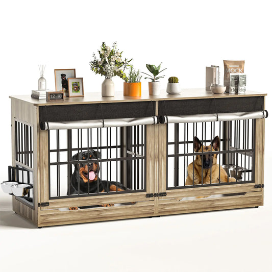 [2 Carton]78" Heavy Duty Indestructible Extra Large Dog Crate with Divider – Double Door Indoor Wooden Kennel, Removable Divider & 360° Swivel Bowls, Reinforced Steel Bars for Extra Large Dogs or Two Medium-Large Dogs Tiktokshopspringg