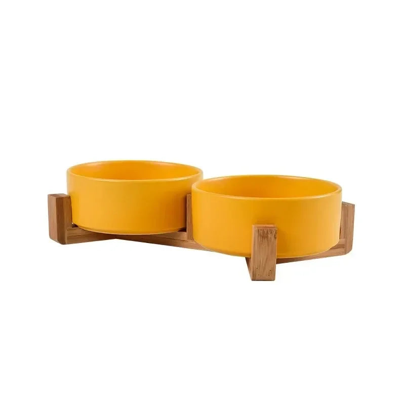Cuenco Doble de Cerámica con Soporte de Madera para Perros y Gatos
