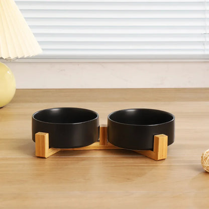 Cuenco Doble de Cerámica con Soporte de Madera para Perros y Gatos