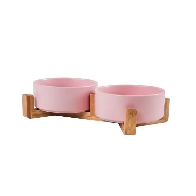 Cuenco Doble de Cerámica con Soporte de Madera para Perros y Gatos