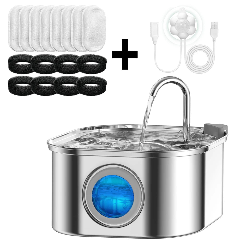 Fuente de Agua para Gatos 3.2L Acero Inoxidable con Filtro y Sensor