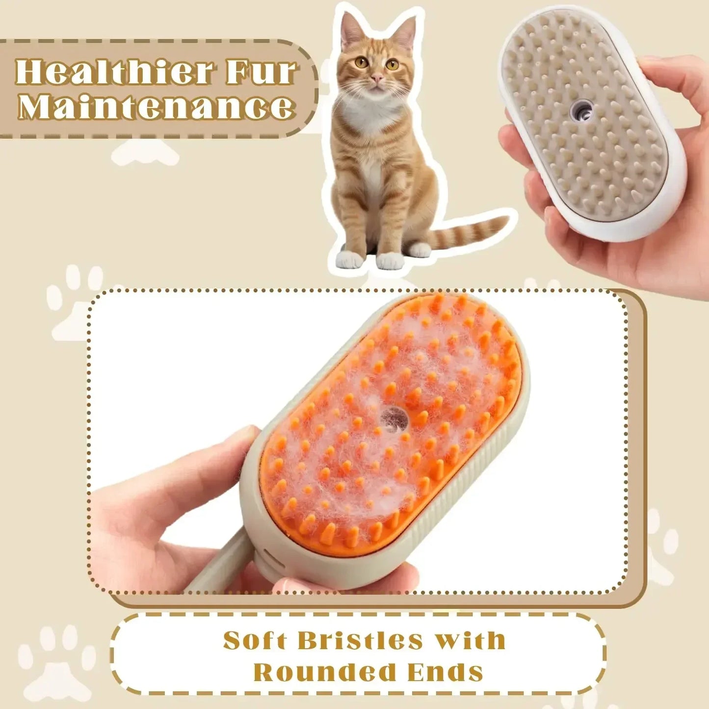 Cepillo de Vapor 3 en 1 para Mascotas — Cepillado, Masaje y Vapor