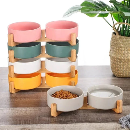 Cuenco Doble de Cerámica con Soporte de Madera para Perros y Gatos