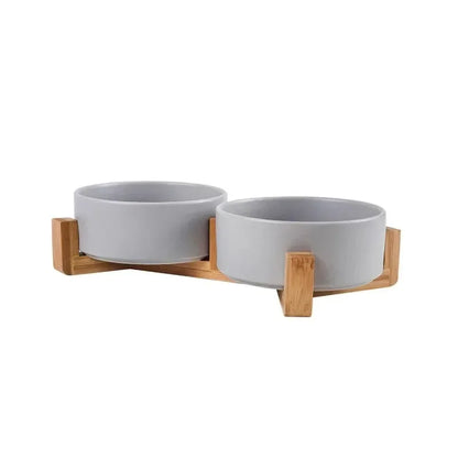 Cuenco Doble de Cerámica con Soporte de Madera para Perros y Gatos