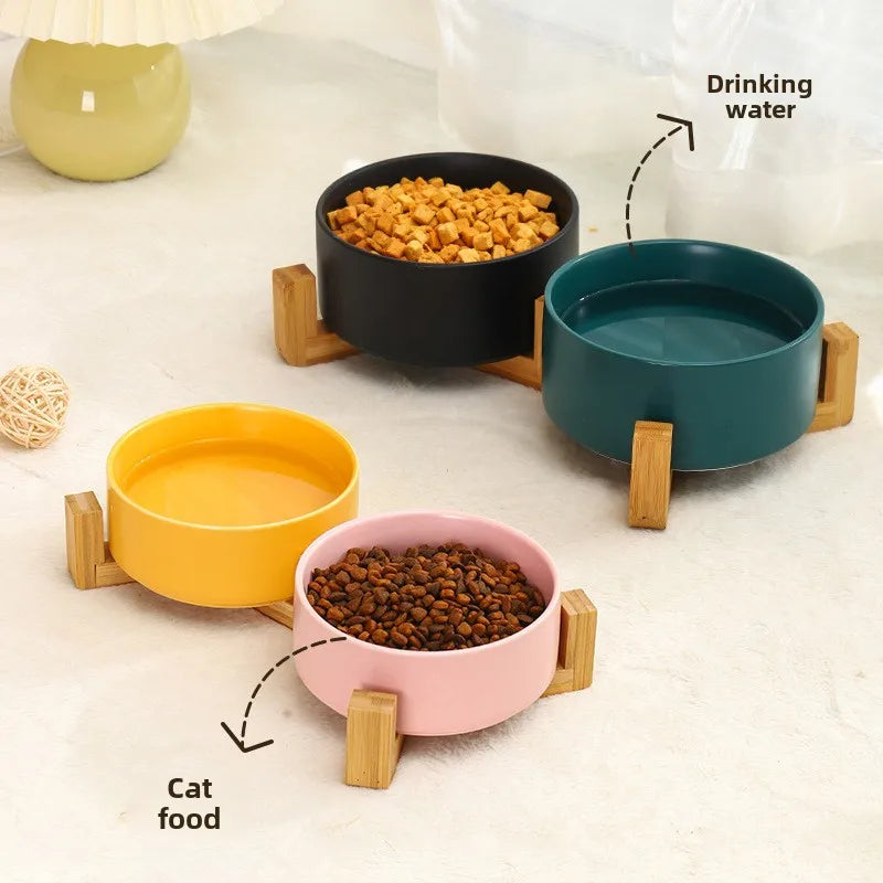 Cuenco Doble de Cerámica con Soporte de Madera para Perros y Gatos