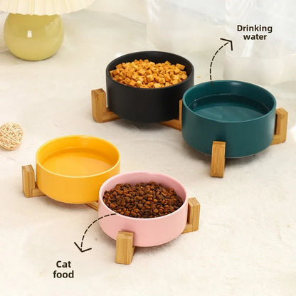 Cuenco Doble de Cerámica con Soporte de Madera para Perros y Gatos