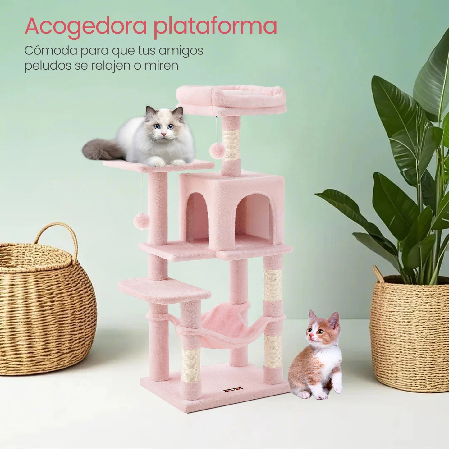 Árbol Rascador para Gatos 112 cm con Hamaca, Cueva y Plataformas