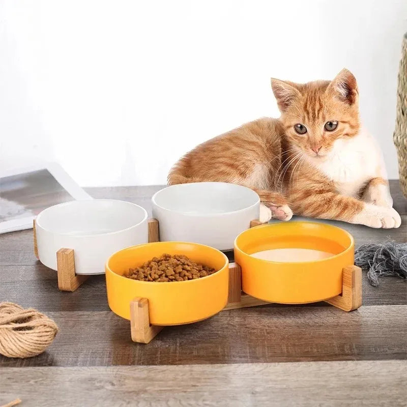 Cuenco Doble de Cerámica con Soporte de Madera para Perros y Gatos