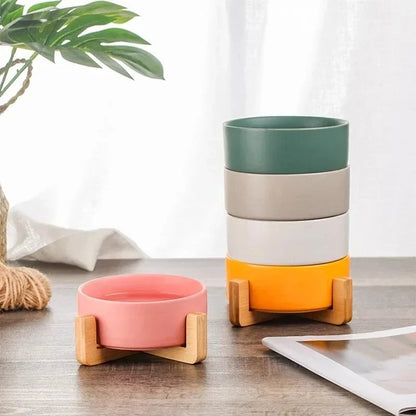 Cuenco Doble de Cerámica con Soporte de Madera para Perros y Gatos
