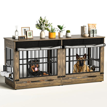 [2 Carton]78" Heavy Duty Indestructible Extra Large Dog Crate with Divider – Double Door Indoor Wooden Kennel, Removable Divider & 360° Swivel Bowls, Reinforced Steel Bars for Extra Large Dogs or Two Medium-Large Dogs Tiktokshopspringg